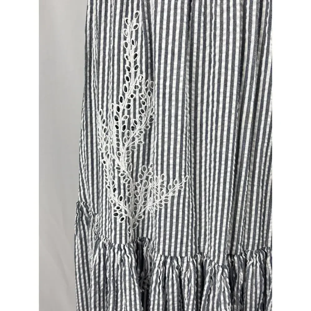 Tory Burch Eyelet Embroidered Seersucker Stripe Ruffles Midi Dress 0 $548